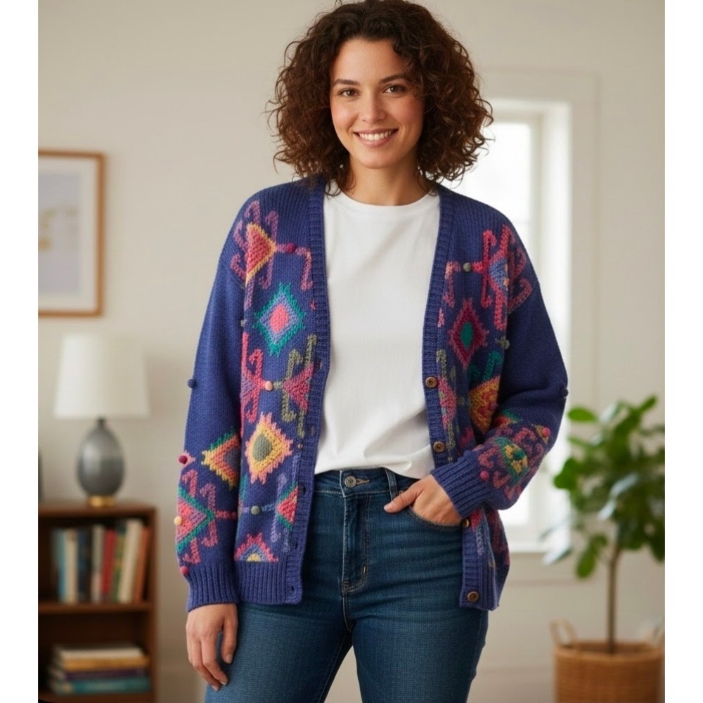 Robert Scott Ltd‎ Hand Knitted Purple Geometric Cardigan Sweater Womens Large